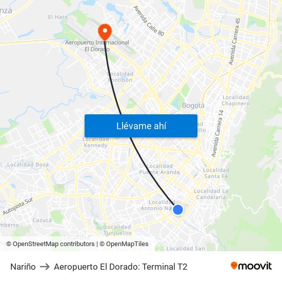 Nariño to Aeropuerto El Dorado: Terminal T2 map
