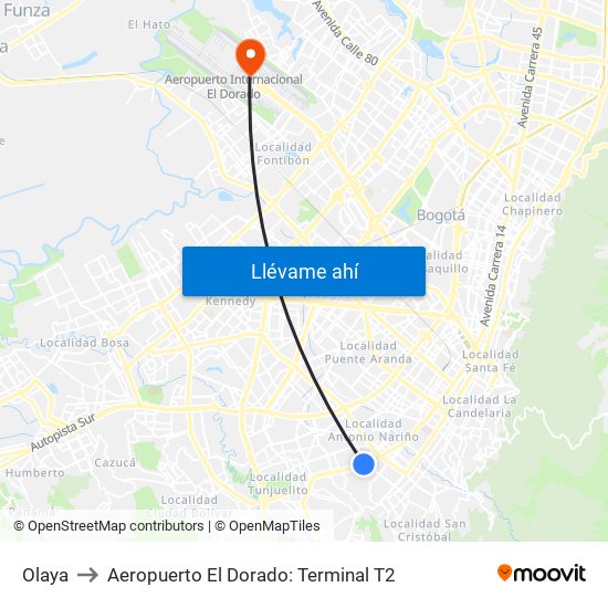 Olaya to Aeropuerto El Dorado: Terminal T2 map