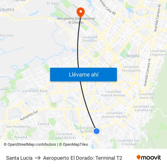 Santa Lucía to Aeropuerto El Dorado: Terminal T2 map