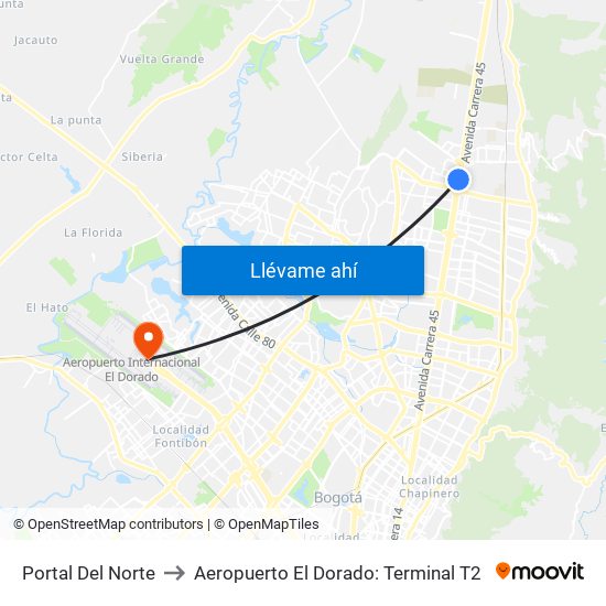 Portal Del Norte to Aeropuerto El Dorado: Terminal T2 map