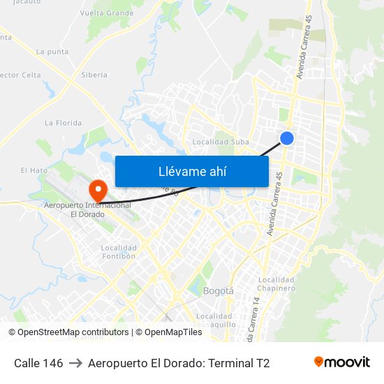 Calle 146 to Aeropuerto El Dorado: Terminal T2 map