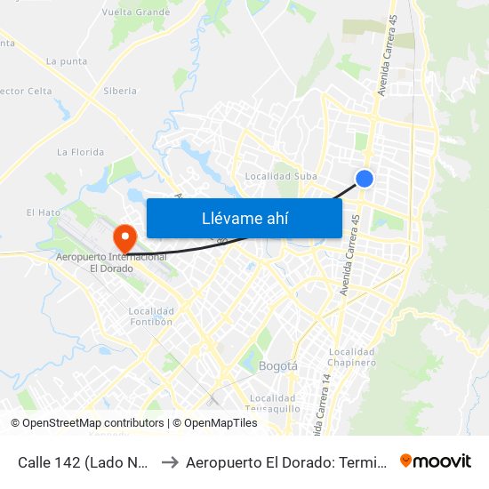 Calle 142 (Lado Norte) to Aeropuerto El Dorado: Terminal T2 map