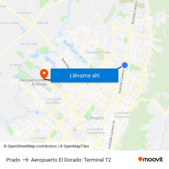 Prado to Aeropuerto El Dorado: Terminal T2 map