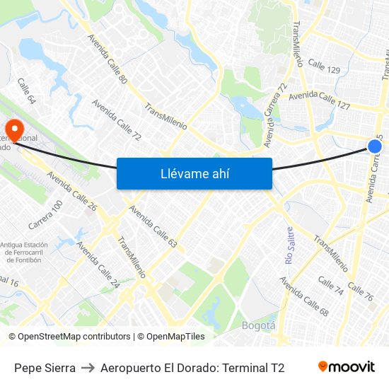 Pepe Sierra to Aeropuerto El Dorado: Terminal T2 map