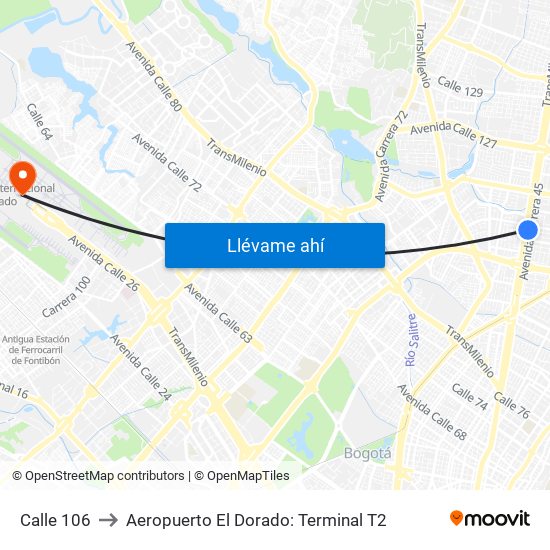 Calle 106 to Aeropuerto El Dorado: Terminal T2 map