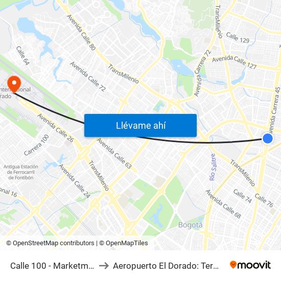 Calle 100 - Marketmedios to Aeropuerto El Dorado: Terminal T2 map