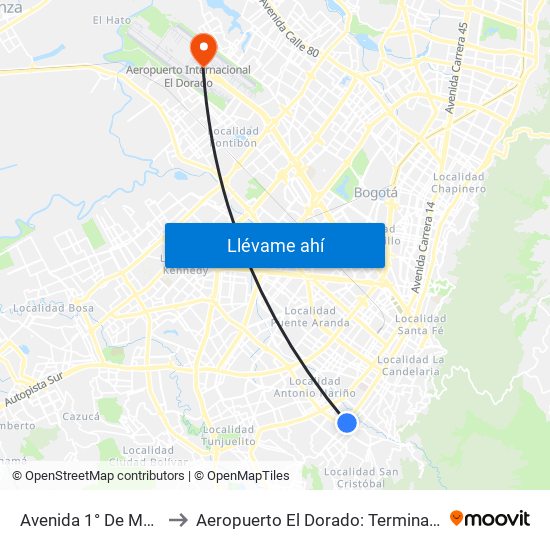 Avenida 1° De Mayo to Aeropuerto El Dorado: Terminal T2 map