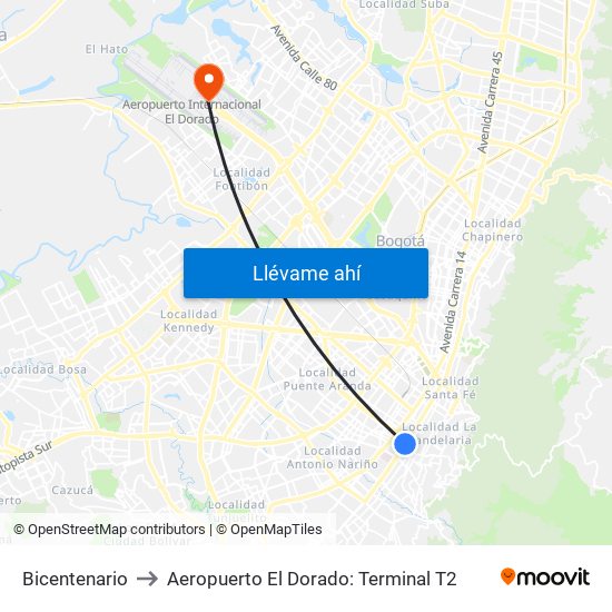 Bicentenario to Aeropuerto El Dorado: Terminal T2 map
