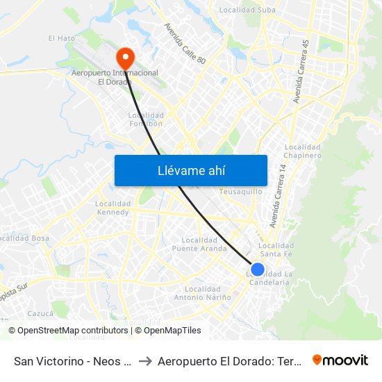 San Victorino - Neos Centro to Aeropuerto El Dorado: Terminal T2 map