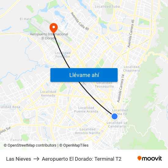 Las Nieves to Aeropuerto El Dorado: Terminal T2 map