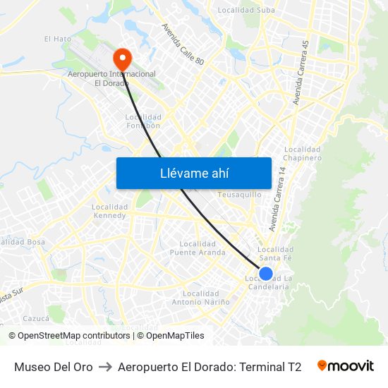 Museo Del Oro to Aeropuerto El Dorado: Terminal T2 map