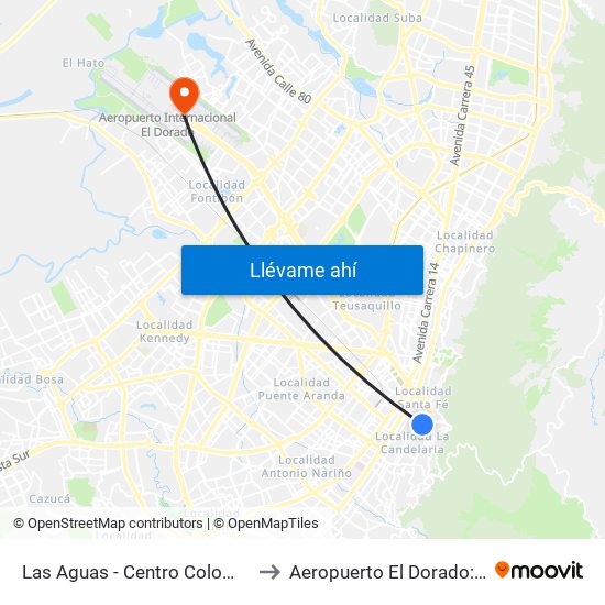 Las Aguas - Centro Colombo Americano to Aeropuerto El Dorado: Terminal T2 map