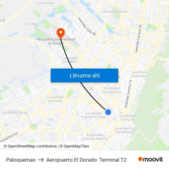 Paloquemao to Aeropuerto El Dorado: Terminal T2 map