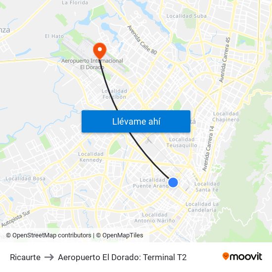 Ricaurte to Aeropuerto El Dorado: Terminal T2 map