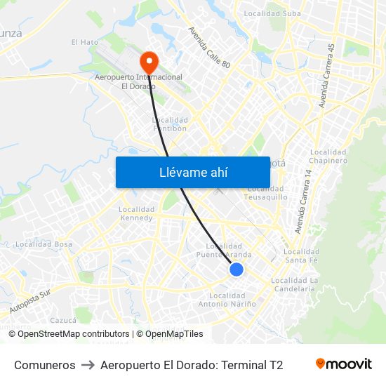 Comuneros to Aeropuerto El Dorado: Terminal T2 map