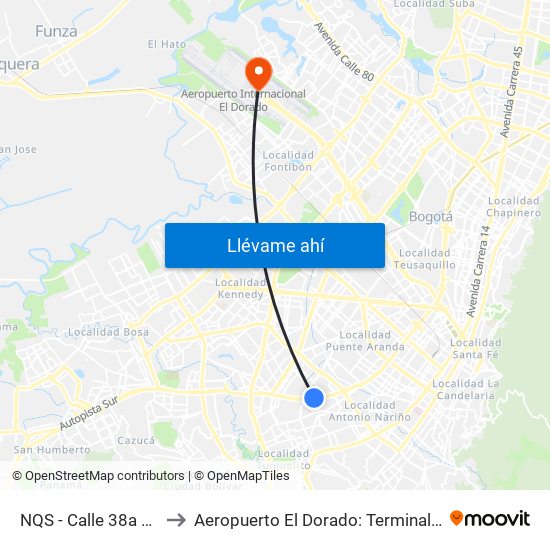 NQS - Calle 38a Sur to Aeropuerto El Dorado: Terminal T2 map