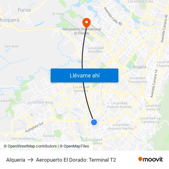 Alquería to Aeropuerto El Dorado: Terminal T2 map