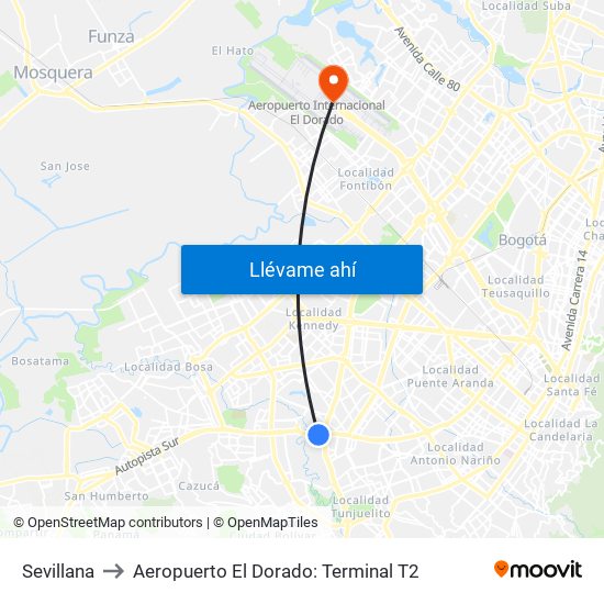 Sevillana to Aeropuerto El Dorado: Terminal T2 map