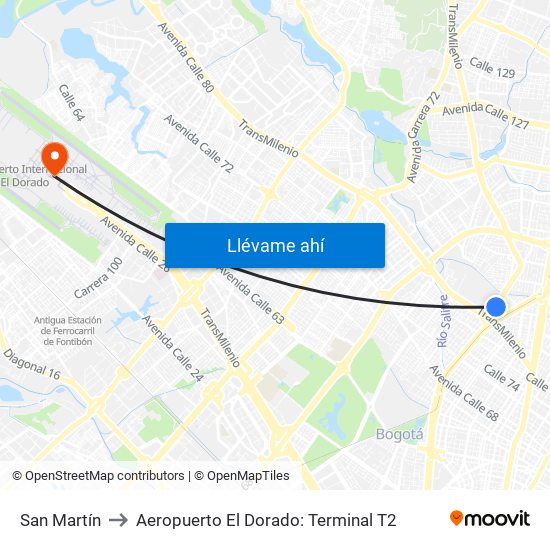 San Martín to Aeropuerto El Dorado: Terminal T2 map