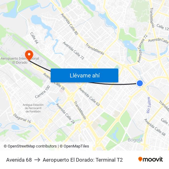 Avenida 68 to Aeropuerto El Dorado: Terminal T2 map