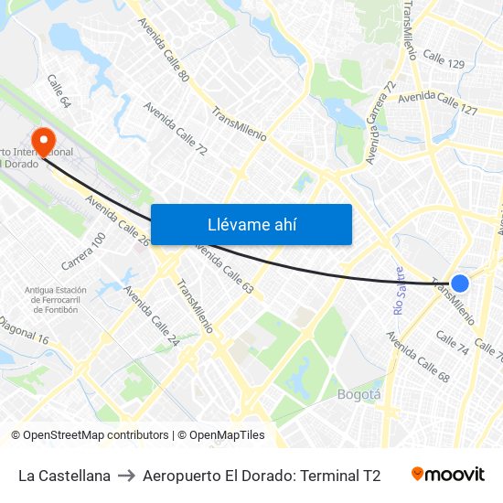 La Castellana to Aeropuerto El Dorado: Terminal T2 map