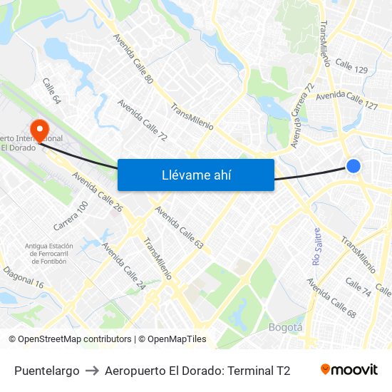 Puentelargo to Aeropuerto El Dorado: Terminal T2 map