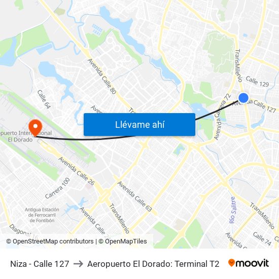 Niza - Calle 127 to Aeropuerto El Dorado: Terminal T2 map