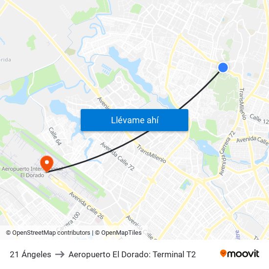 21 Ángeles to Aeropuerto El Dorado: Terminal T2 map