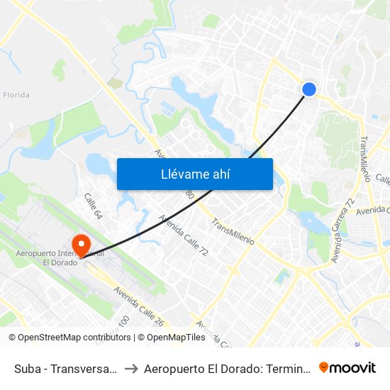 Suba - Transversal 91 to Aeropuerto El Dorado: Terminal T2 map