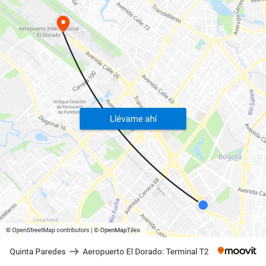 Quinta Paredes to Aeropuerto El Dorado: Terminal T2 map