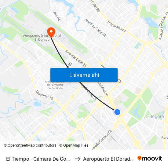 El Tiempo - Cámara De Comercio De Bogotá to Aeropuerto El Dorado: Terminal T2 map