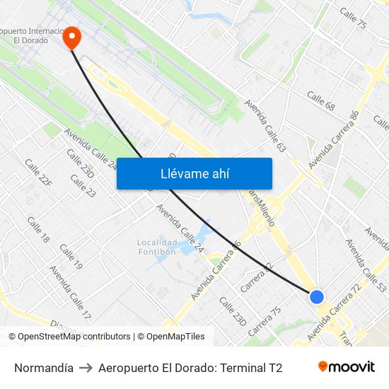 Normandía to Aeropuerto El Dorado: Terminal T2 map