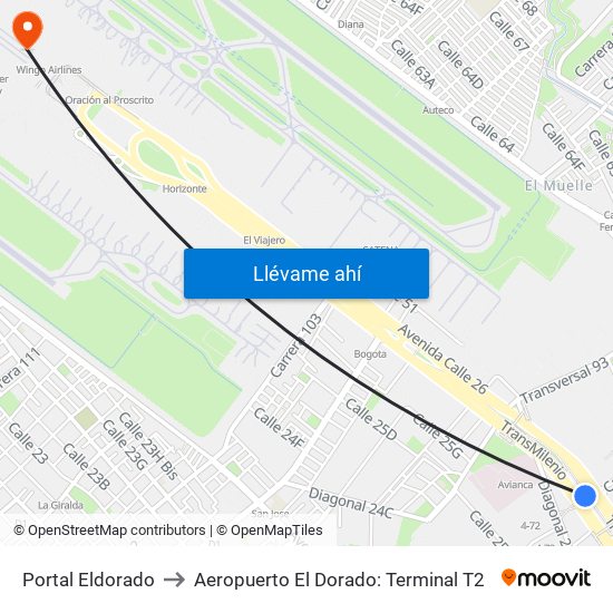 Portal Eldorado to Aeropuerto El Dorado: Terminal T2 map