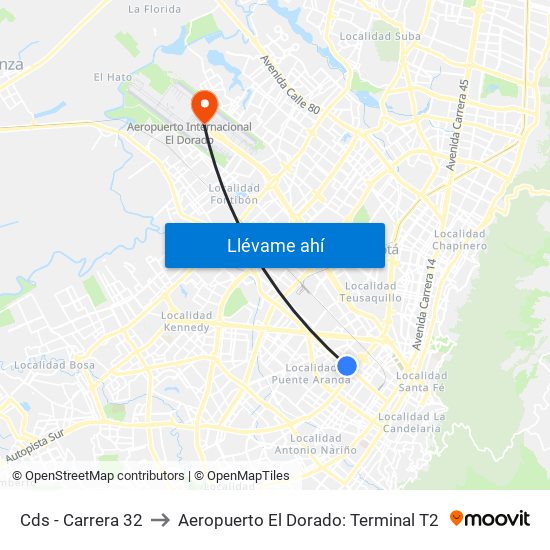 Cds - Carrera 32 to Aeropuerto El Dorado: Terminal T2 map