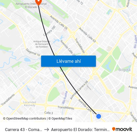 Carrera 43 - Comapan to Aeropuerto El Dorado: Terminal T2 map