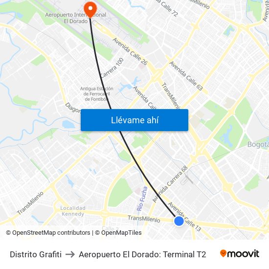 Distrito Grafiti to Aeropuerto El Dorado: Terminal T2 map