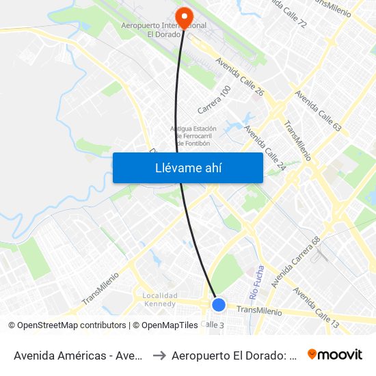Avenida Américas - Avenida Boyacá to Aeropuerto El Dorado: Terminal T2 map