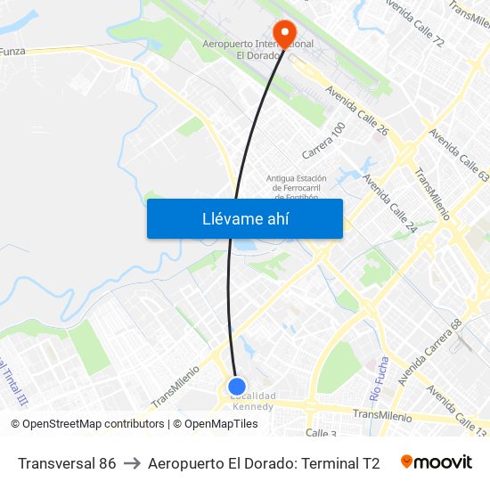 Transversal 86 to Aeropuerto El Dorado: Terminal T2 map
