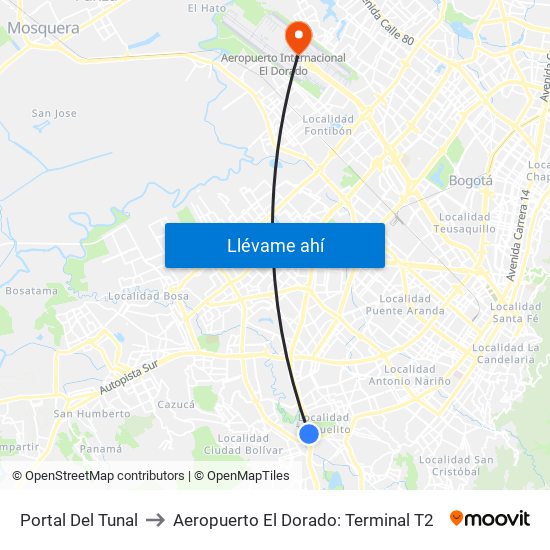 Portal Del Tunal to Aeropuerto El Dorado: Terminal T2 map