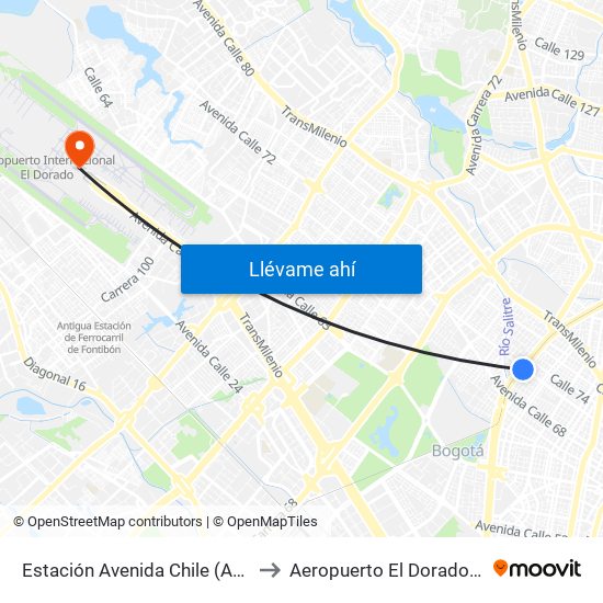 Estación Avenida Chile (Av. NQS - Cl 71c) to Aeropuerto El Dorado: Terminal T2 map