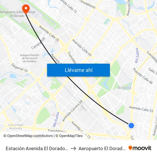 Estación Avenida El Dorado (Av. NQS - Cl 40a) to Aeropuerto El Dorado: Terminal T2 map