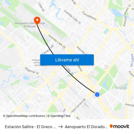 Estación Salitre - El Greco (Ac 26 - Ak 68) to Aeropuerto El Dorado: Terminal T2 map