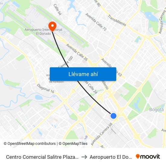 Centro Comercial Salitre Plaza (Av. La Esperanza - Kr 68a) to Aeropuerto El Dorado: Terminal T2 map