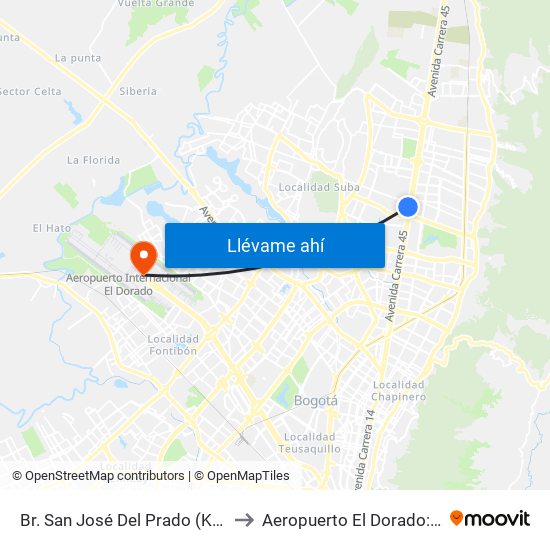 Br. San José Del Prado (Kr 45a - Cl 137) to Aeropuerto El Dorado: Terminal T2 map