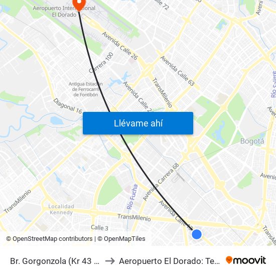 Br. Gorgonzola (Kr 43 - Cl 12b) to Aeropuerto El Dorado: Terminal T2 map