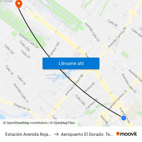 Estación Avenida Rojas (Ac 26 - Kr 69d Bis) (B) to Aeropuerto El Dorado: Terminal Nacional Costado Sur map
