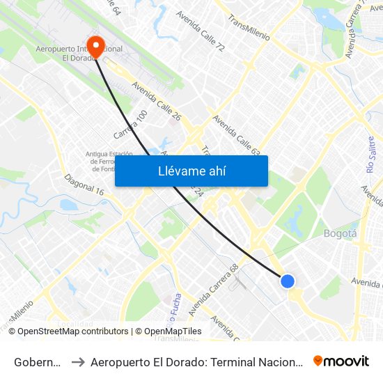 Gobernación to Aeropuerto El Dorado: Terminal Nacional Costado Sur map