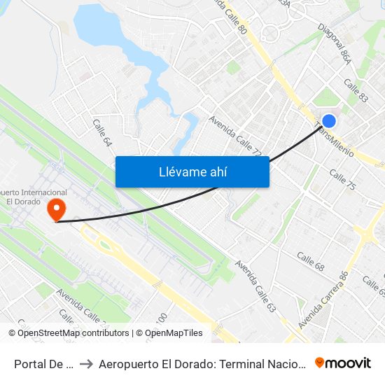 Portal De La 80 to Aeropuerto El Dorado: Terminal Nacional Costado Sur map