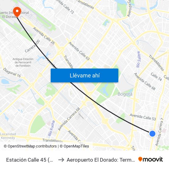 Estación Calle 45 (Ac 45 - Av. Caracas) to Aeropuerto El Dorado: Terminal Nacional Costado Sur map
