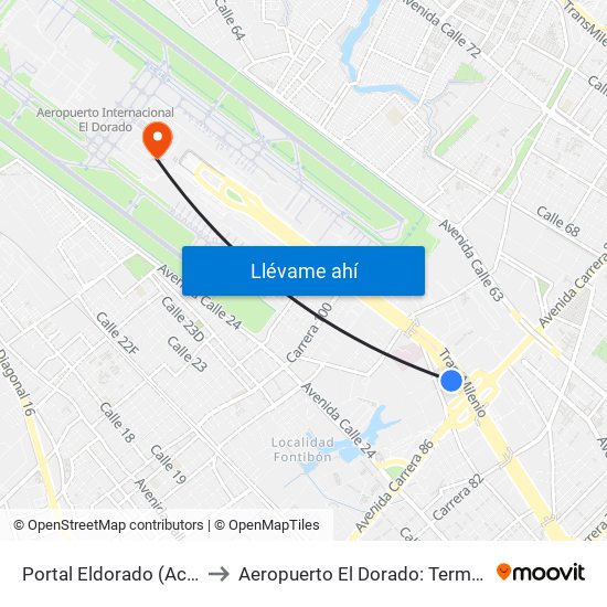 Portal Eldorado (Ac 26 - Av. C. De Cali) to Aeropuerto El Dorado: Terminal Nacional Costado Sur map